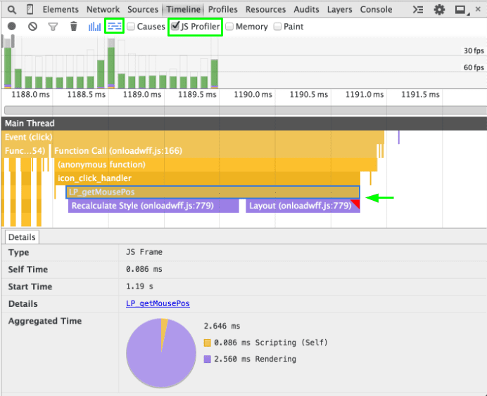 JS Profiler 캡처 옵션과 Flame 그래프 뷰를 사용하여 타임라인에서 호출 스택을 조사합니다.