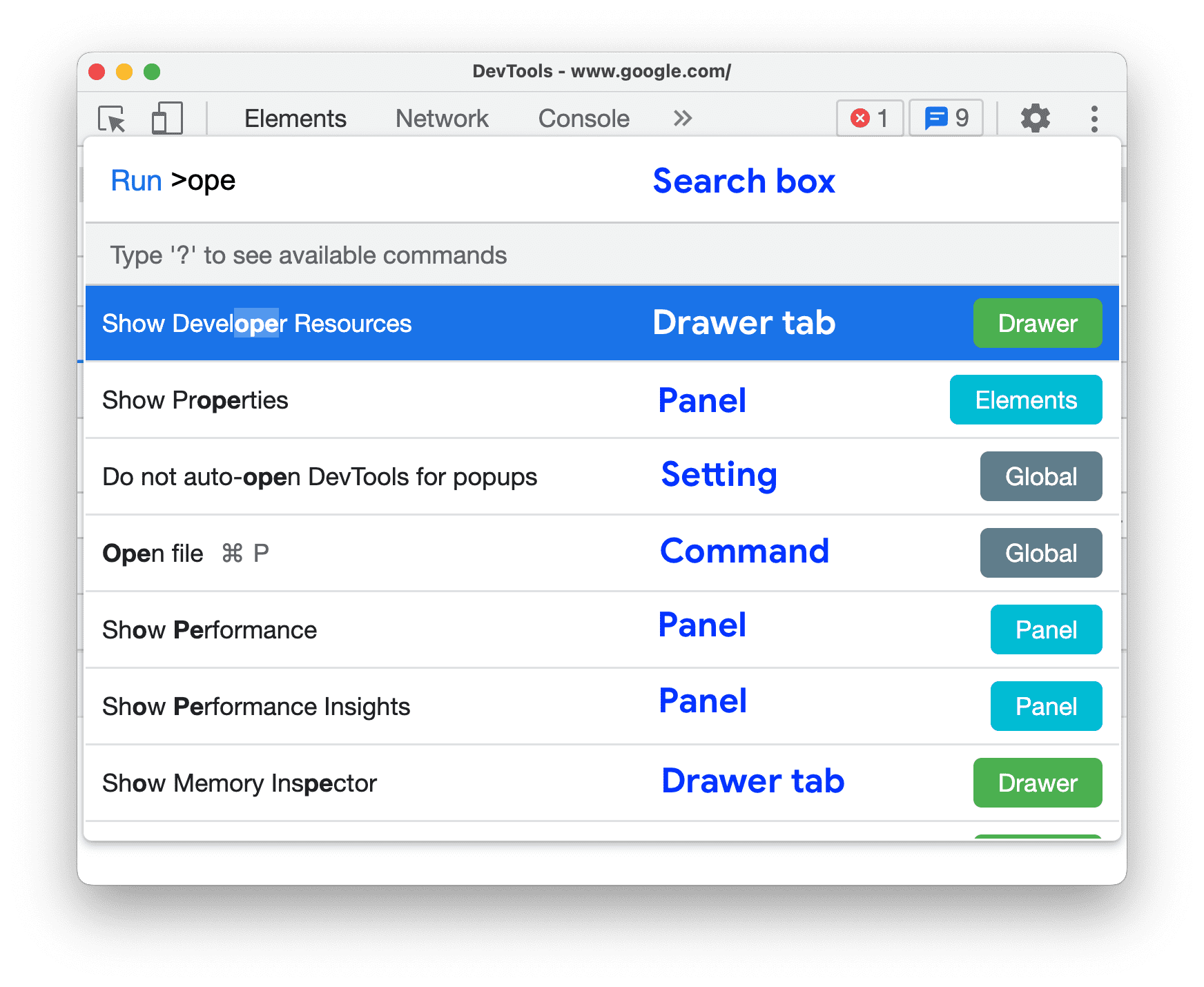 منوی فرمان DevTools.