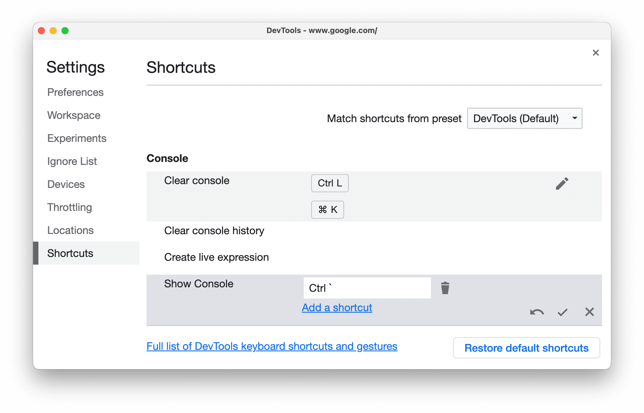 Editing a shortcut in Settings.