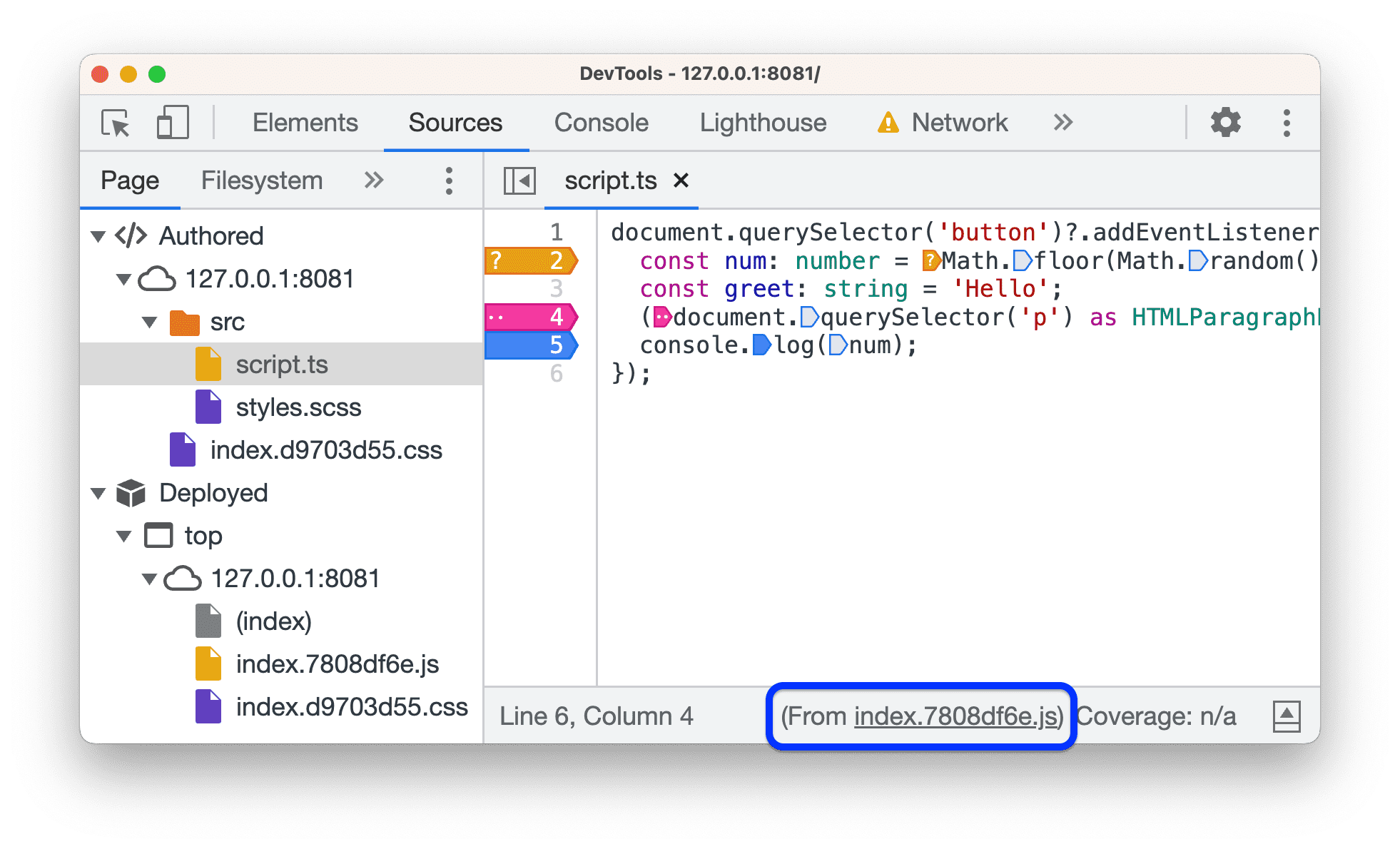 Como usar pontos de interrupção no DevTools em um arquivo de origem criado.