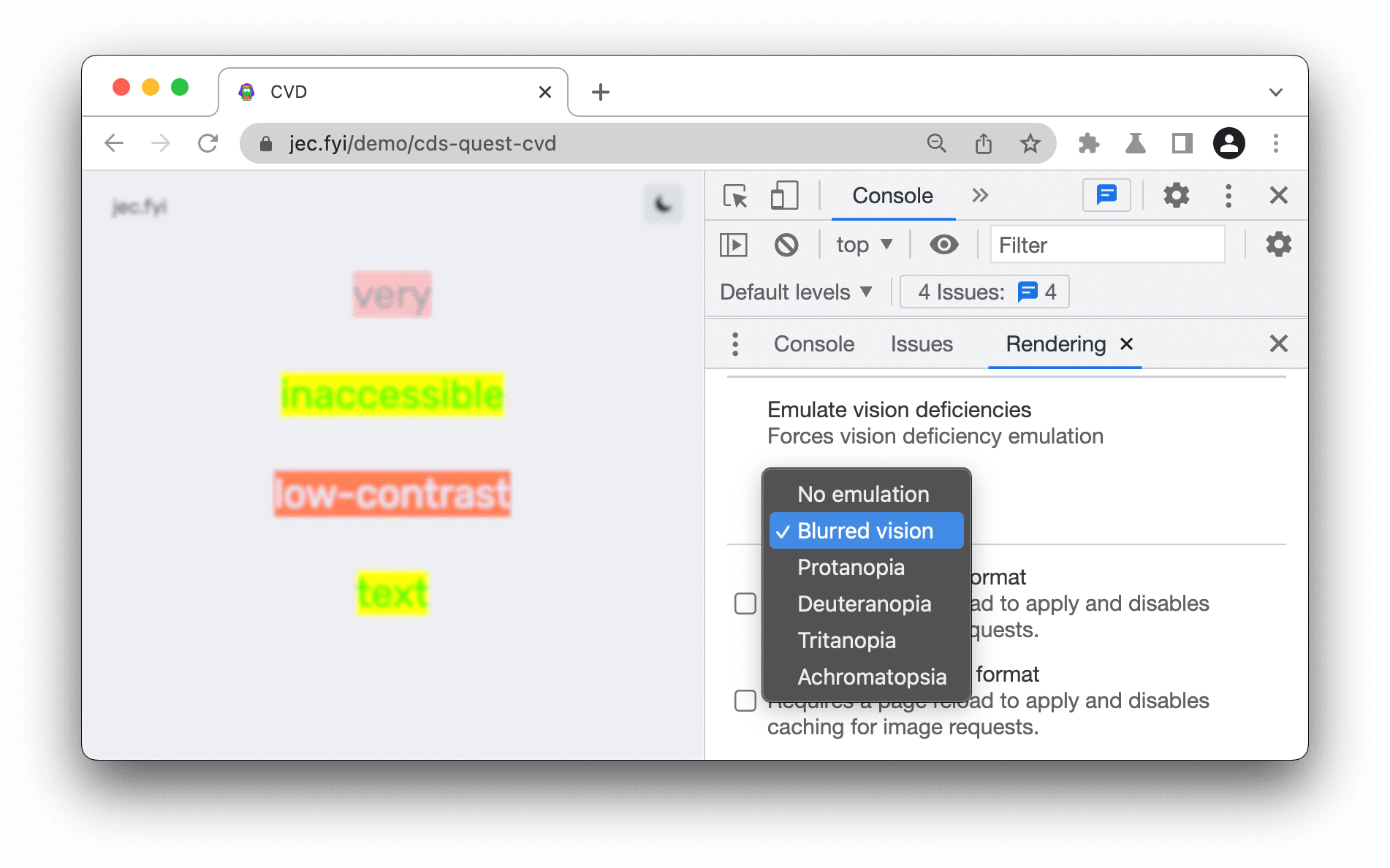 Unkenntlich gemachtes Bild auf dem Tab „Rendering“ ausgewählt und im Darstellungsbereich emuliert