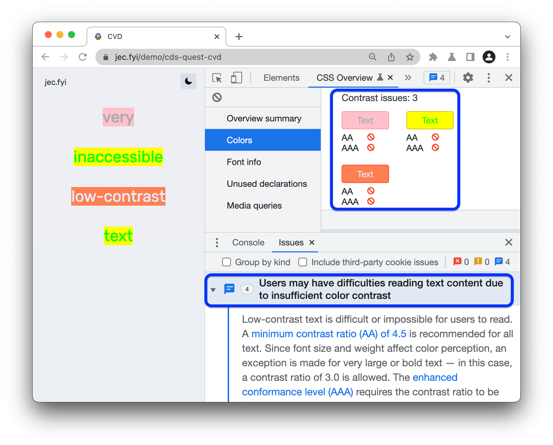 Kontrastprobleme, die im Steuerfeld „CSS-Übersicht“ und auf dem Tab „Probleme“ aufgeführt sind