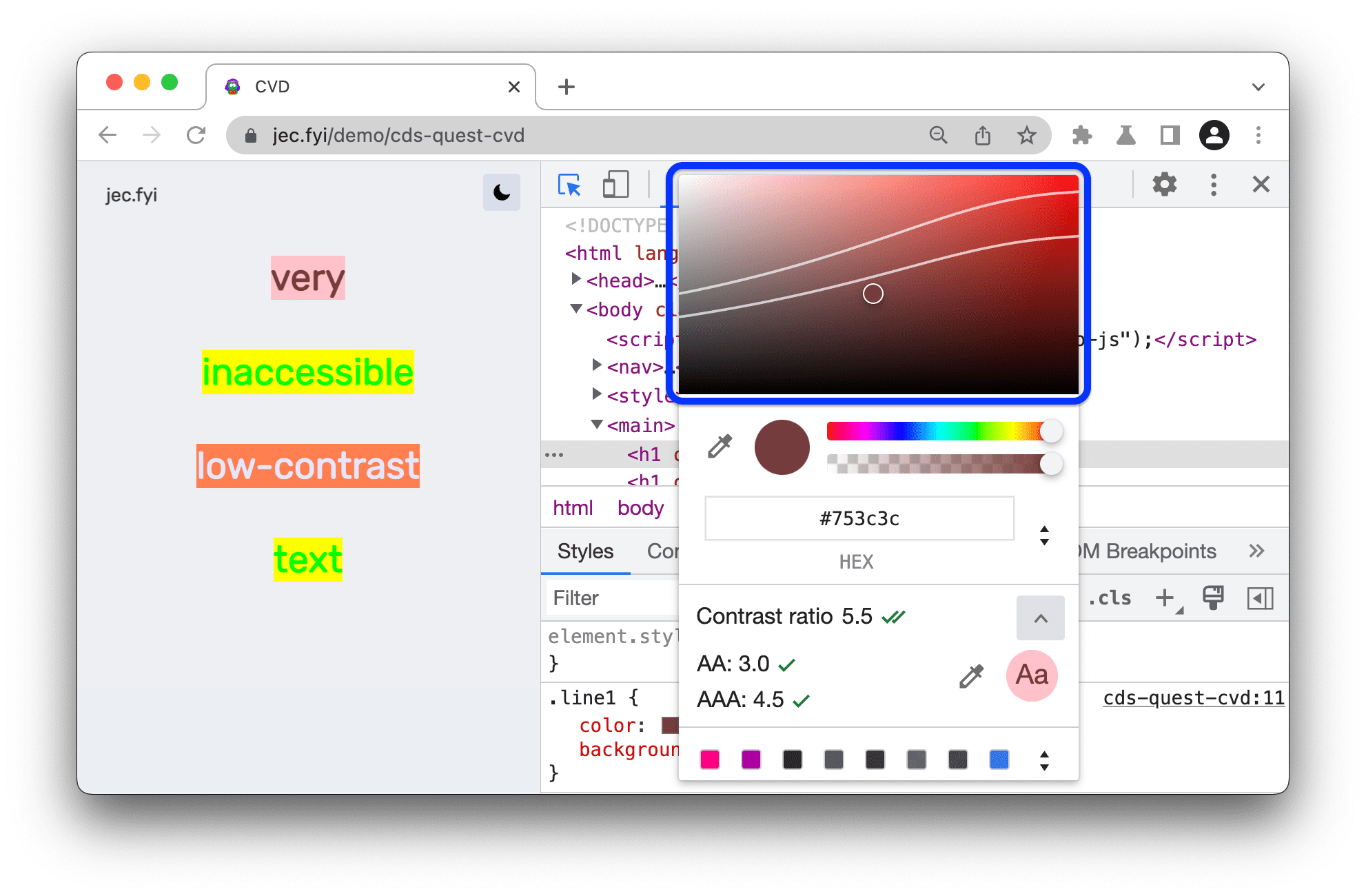 Les lignes de rapport de contraste recommandés sont disponibles dans l&#39;aperçu des nuances du sélecteur de couleur.