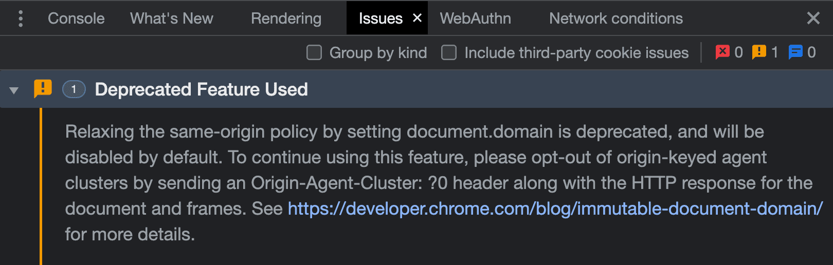Captura de tela do aviso de problema no DevTools