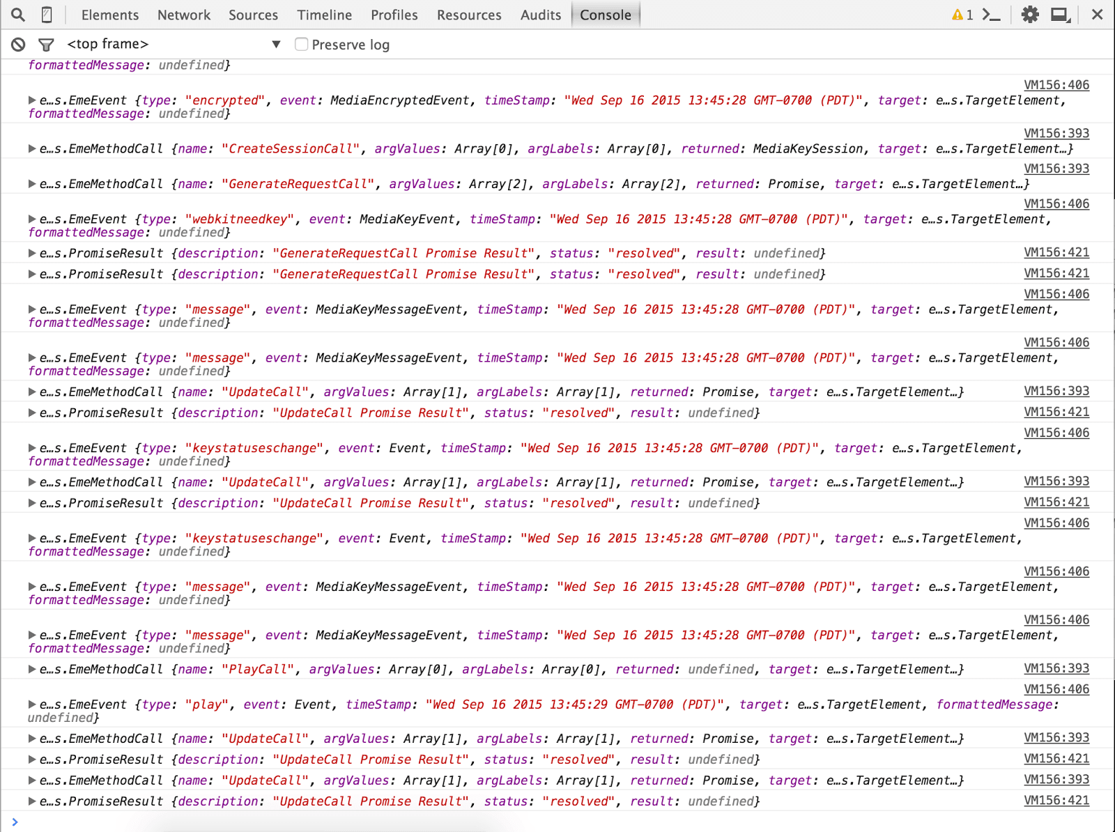 Captura de tela do console do Chrome DevTools mostrando a geração de registros da extensão EME Logger.