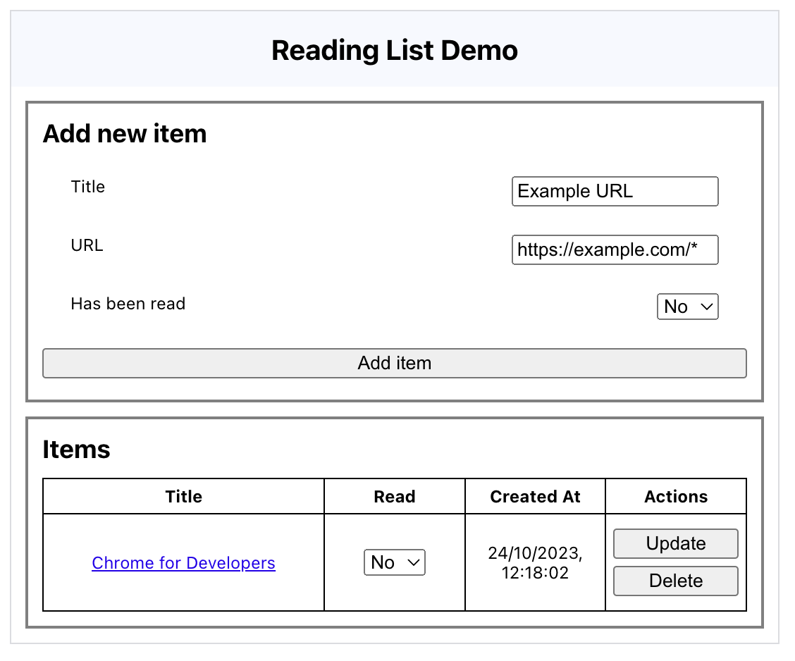 Captura de pantalla de la demostración de la API de Reading List