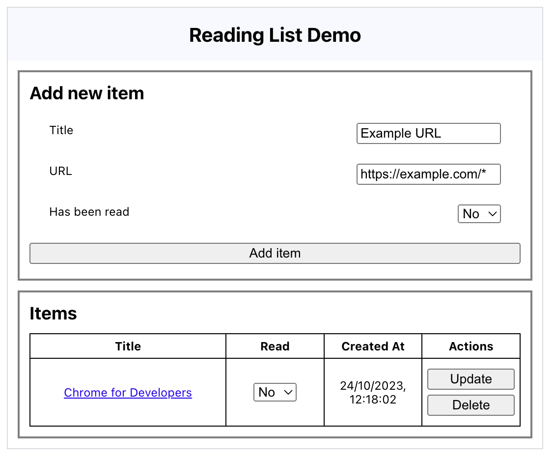 ภาพหน้าจอของการสาธิต API เรื่องรออ่าน