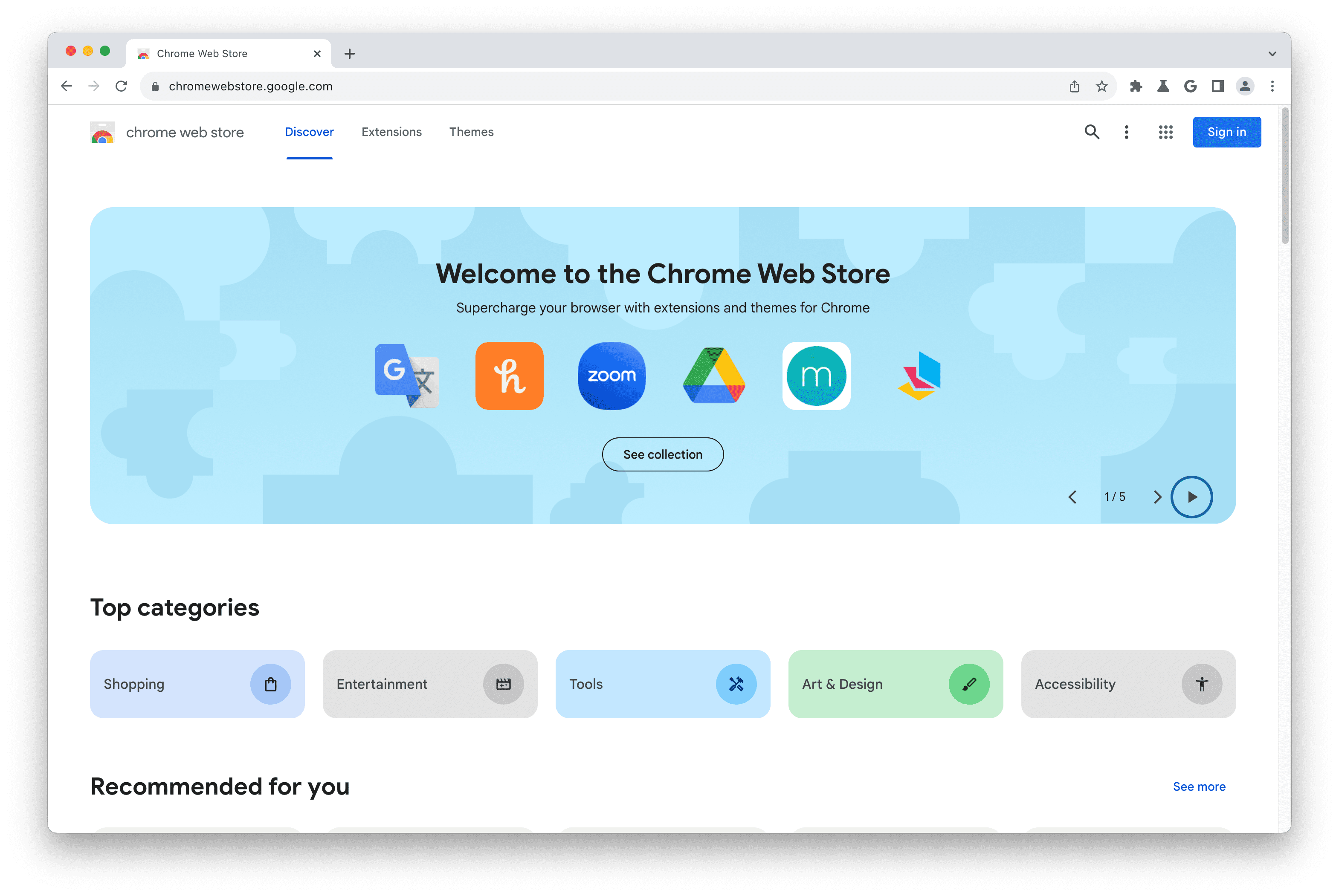 Screenshot of the Chrome Web Store home page.