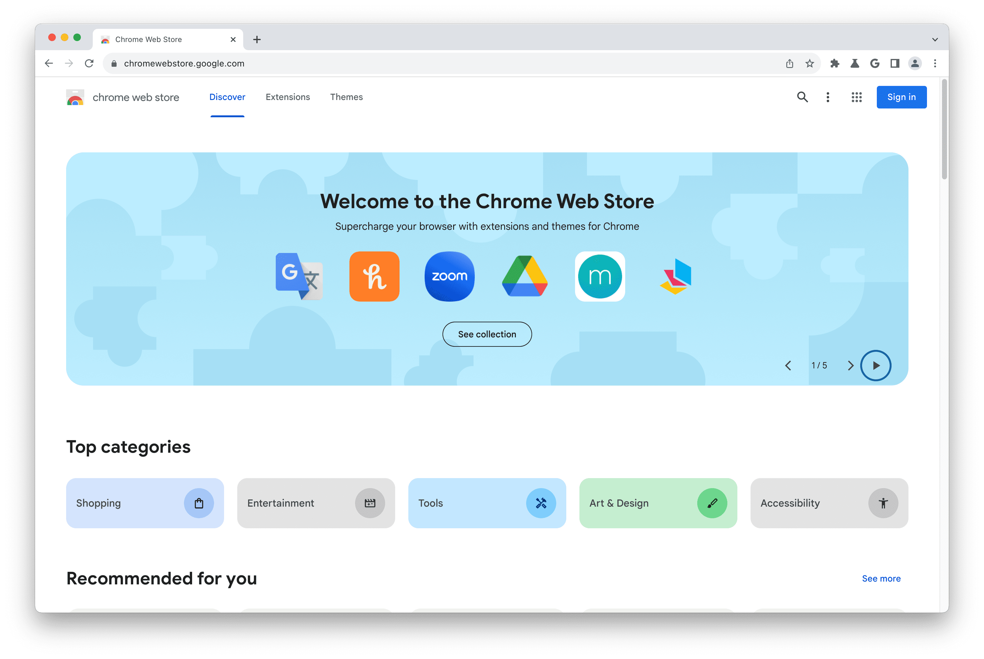 Chrome ওয়েব স্টোরের হোম পেজের স্ক্রিনশট।