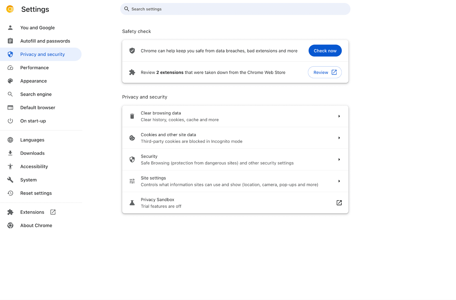 Chrome은 개인 정보 보호 및 보안 설정에서 이러한 확장 프로그램을 강조 표시합니다.