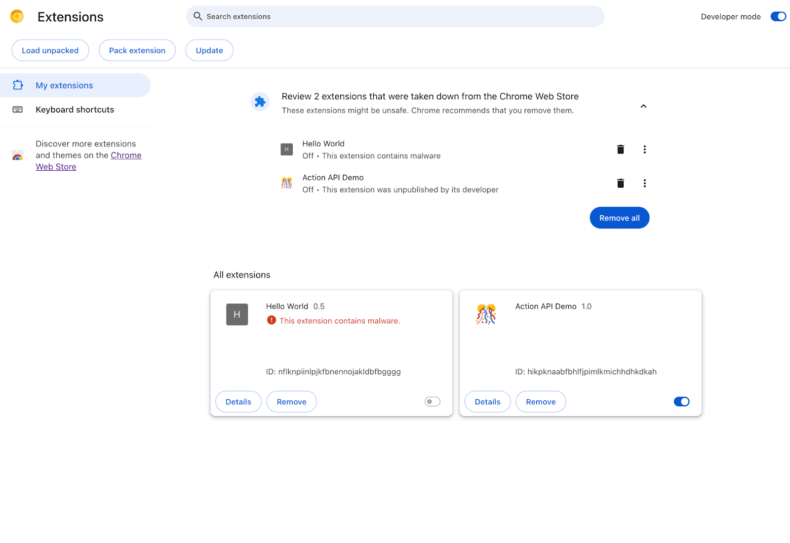 Chrome 웹 스토어에 더 이상 없는 두 확장 프로그램이 chrome://extensions 페이지에 표시됨