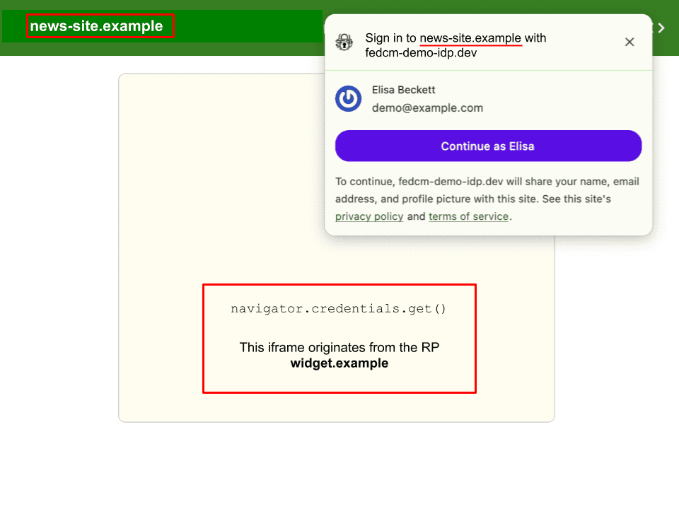 Il titolo della finestra di dialogo FedCM include il testo: &quot;Accedi a news-site.example con fedcm-demo-idp.dev&quot;.