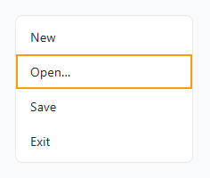 A vertical menu with the Open menu item in focus.