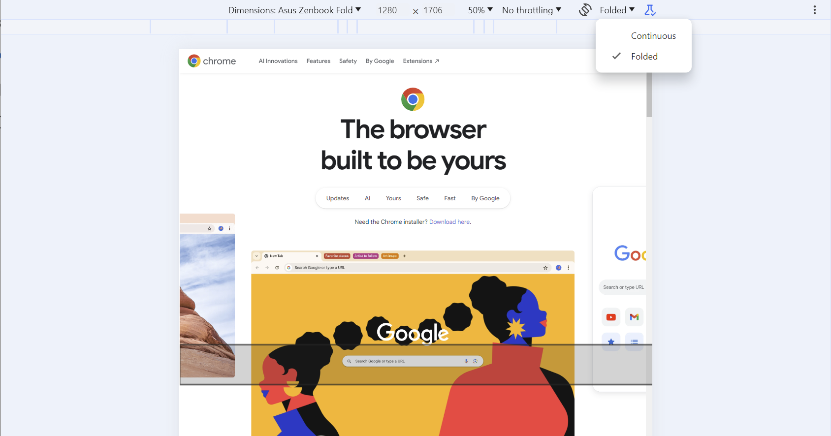 Chrome 開發人員工具模擬折疊式裝置。