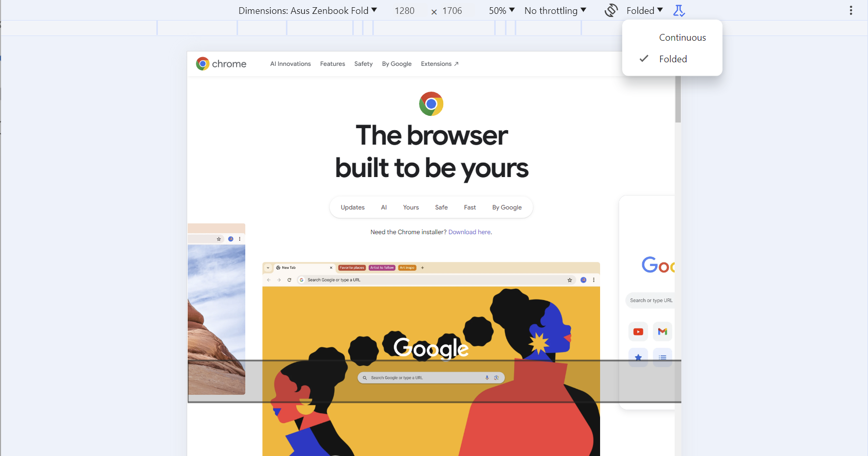 Chrome DevTools эмулирует складное устройство.