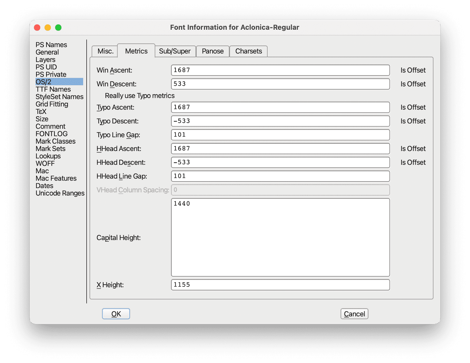 اسکرین شات از کادر محاوره ای Font Information در FontForge. کادر محاوره‌ای معیارهای فونت مانند 'Typo Ascent'، 'Typo Descent' و 'Typo Line Gap' را نمایش می‌دهد.