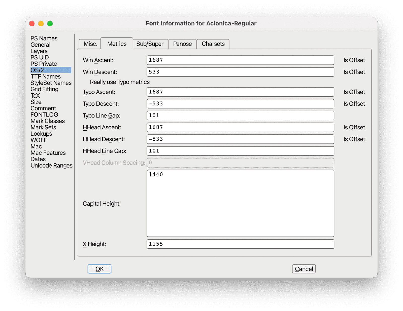 FontForge の [Font Information] ダイアログ ボックスのスクリーンショットダイアログ ボックスには、「Typo Ascent」、「Typo Descent」、「Typo Line Gap」などのフォント指標が表示されます。