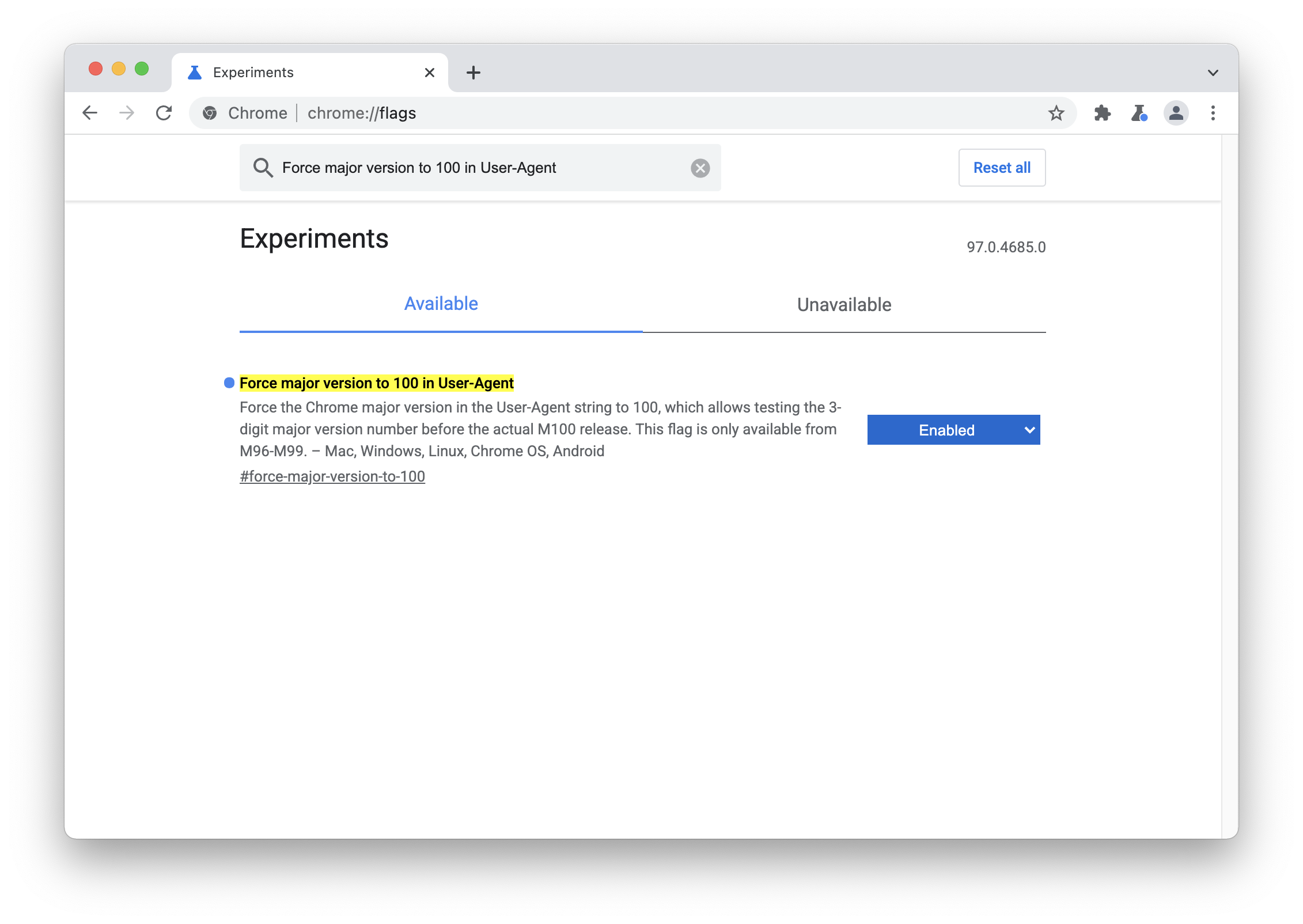 User-Agent でメジャー バージョンを 100 に強制することが有効になっていることを示す Chrome フラグのページ。