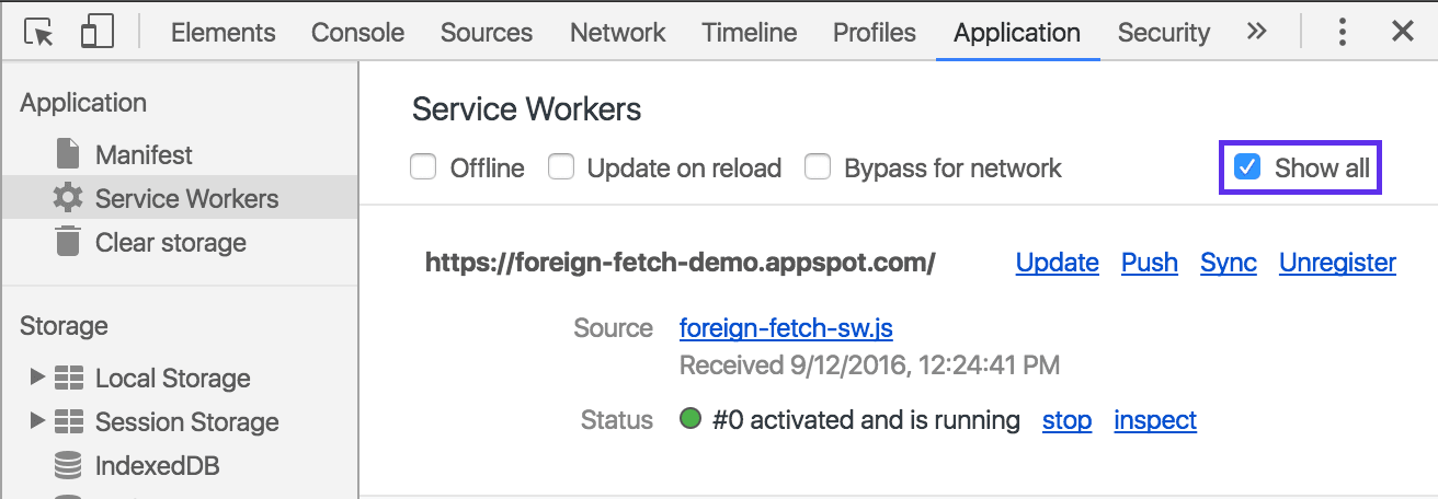 The foreign fetch service worker in the Applications panel.