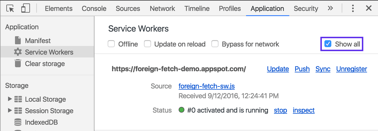 “Applications”面板中的外部提取 Service Worker。