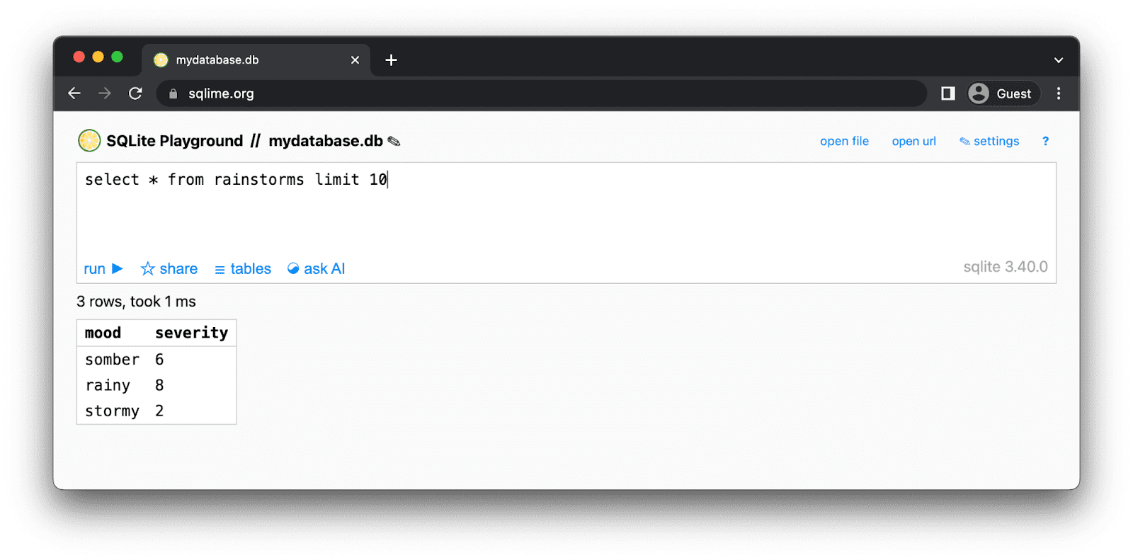 Exploring the mydatabase.db file in the Sqlime SQLite Playground tool. The app is shown with the SQL query select star from rainstorms limit 10 being run, resulting in the three rows from the initial sample data from Web SQL.