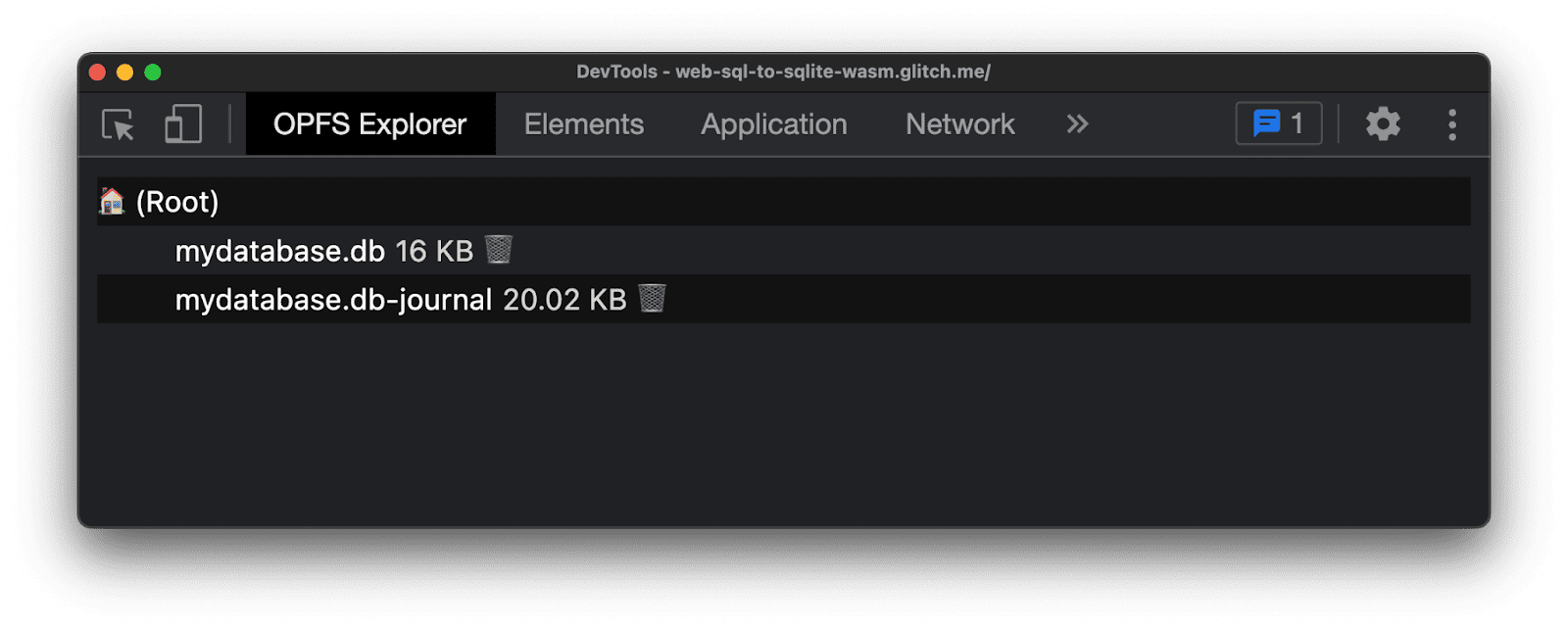 OPFS Explorer Chrome DevTools की मदद से, ऑरिजिन प्राइवेट फ़ाइल सिस्टम की जांच करना. यहां दो फ़ाइलें हैं. एक का नाम mydatabase.db है और दूसरी का नाम mydatabase.db-journal है.