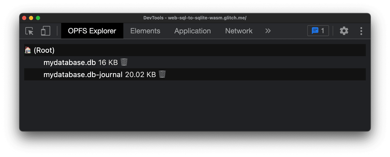 Inspecting the origin private file system with the OPFS Explorer Chrome DevTools. There are two files, one called mydatabase.db and one called mydatabase.db-journal.