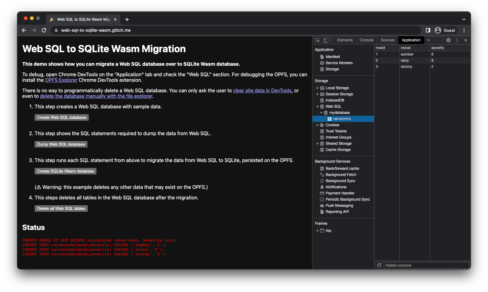 web-sql-to-sqlite-Wasm.glitch.me adresindeki demo uygulaması.