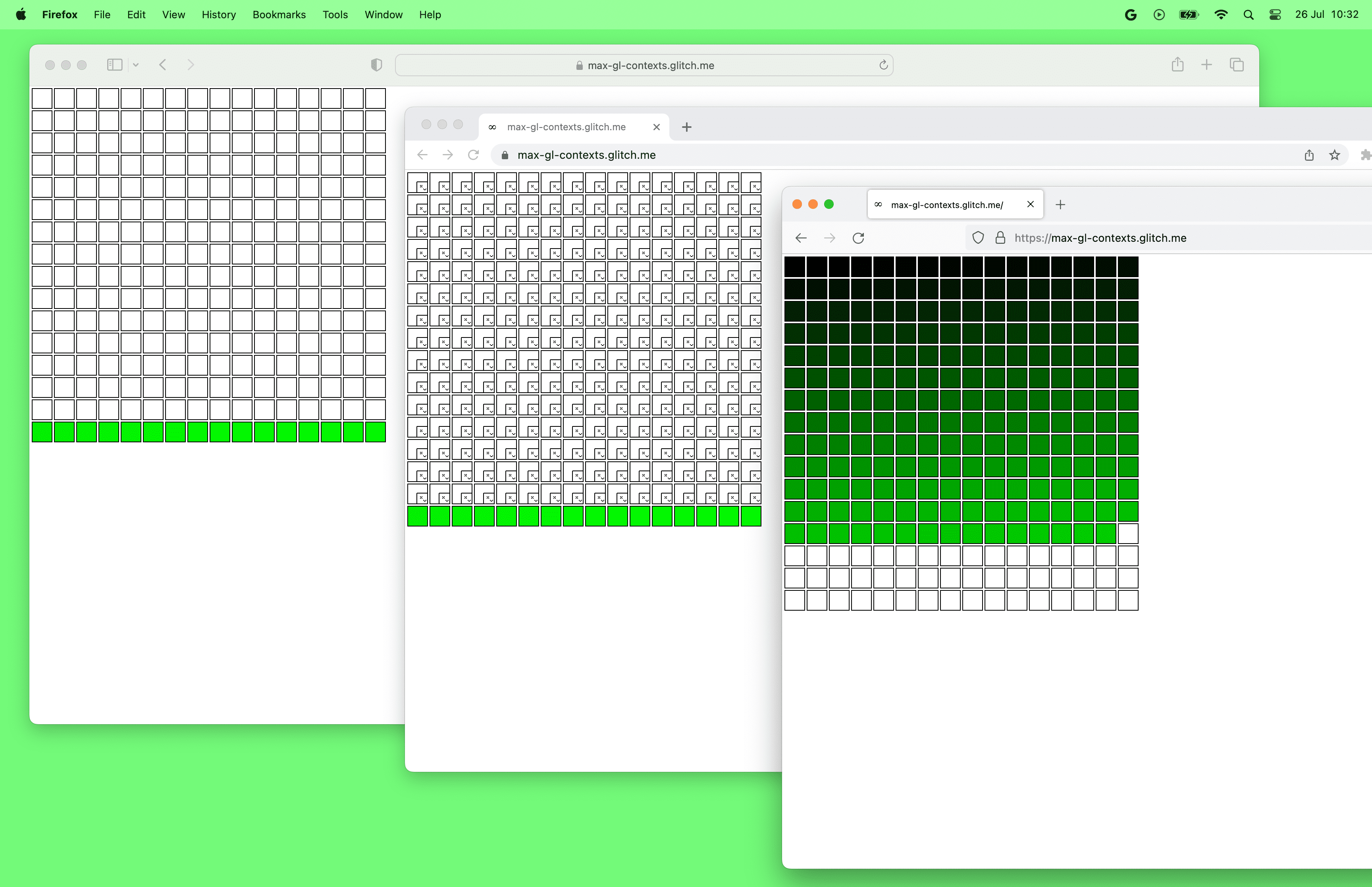 সাফারি, ক্রোম, এবং ফায়ারফক্স ব্রাউজারে সর্বাধিক সংখ্যক WebGL ক্যানভাস সমন্বিত স্ক্রিনশট
