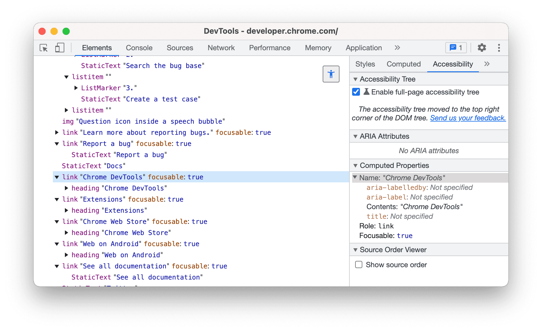 The new accessibility tree showing the result for a large page.