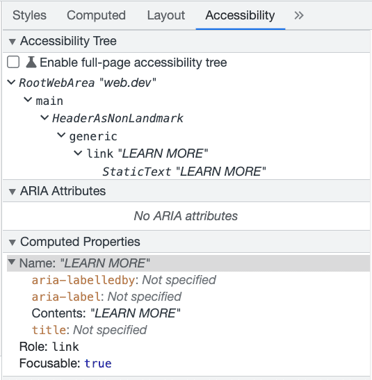 Il riquadro Accessibilità di Chrome DevTools.