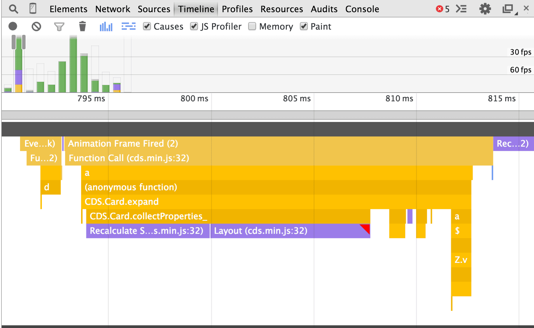 Screenshot della visualizzazione grafico a fiamme in Chrome DevTools.