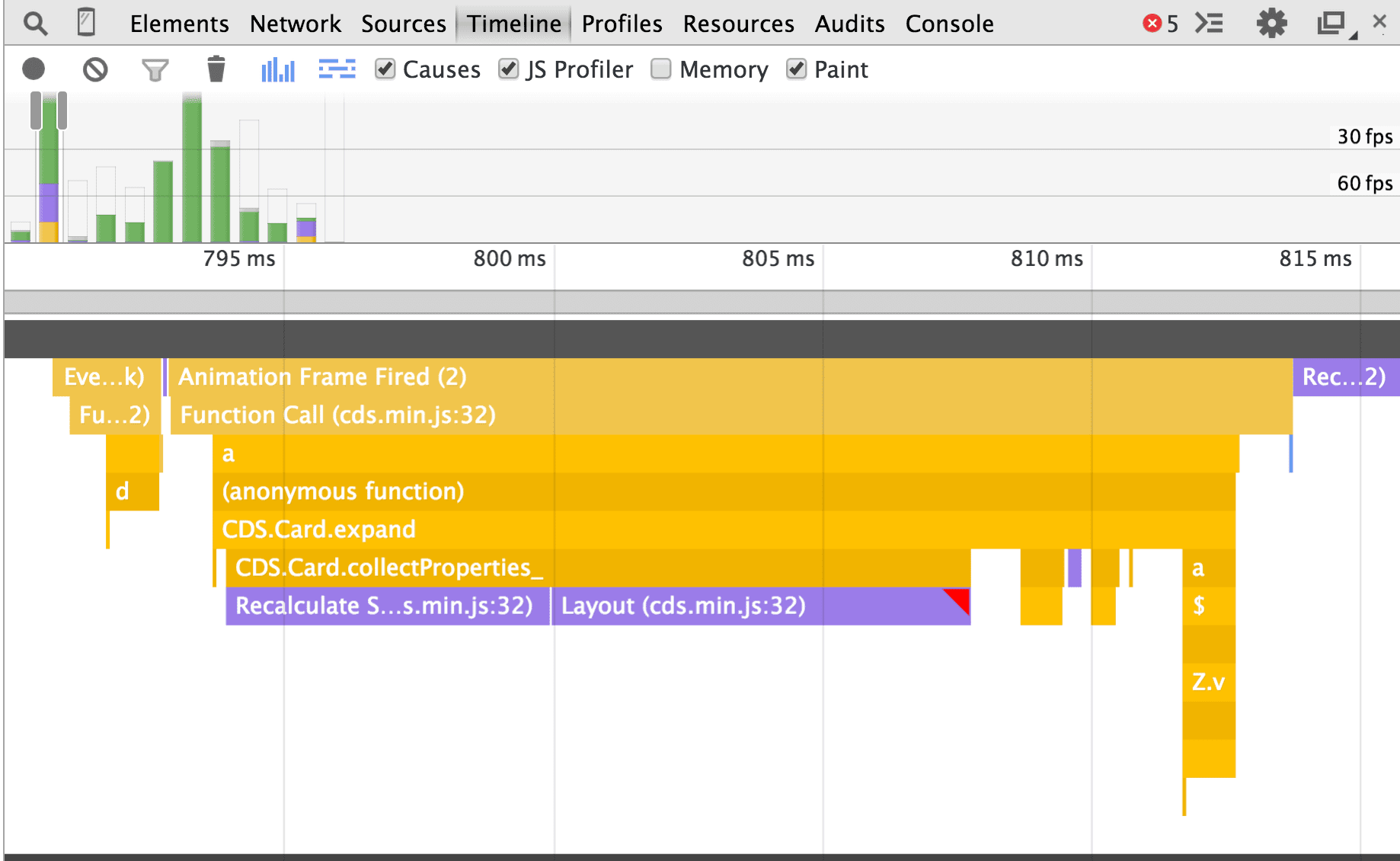 Chrome DevTools のフレーム チャート ビューのスクリーンショット。
