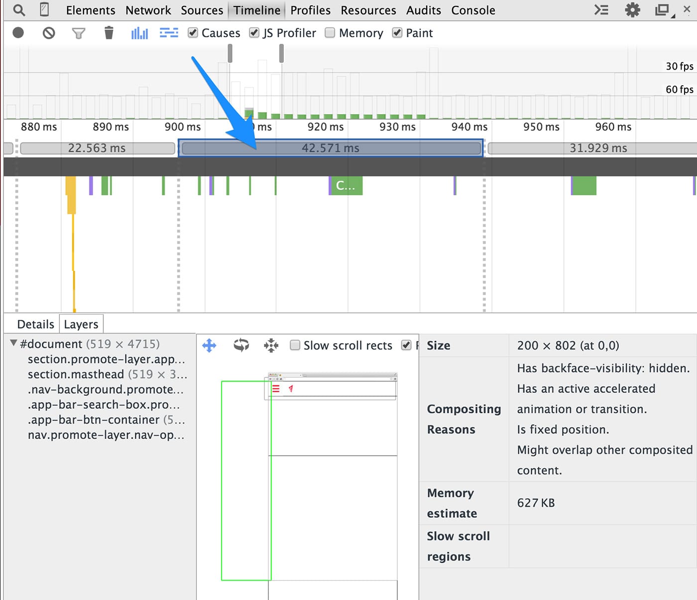 Captura de pantalla del Visor de marcos en las Herramientas para desarrolladores de Chrome