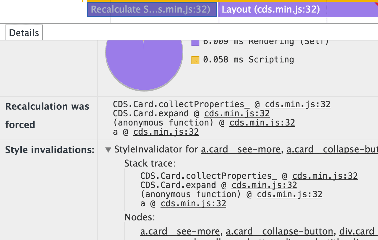 Captura de tela do acompanhamento de invalidação no Chrome Devtools.