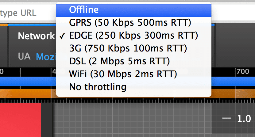 Screenshot throttling jaringan di Chrome DevTools.