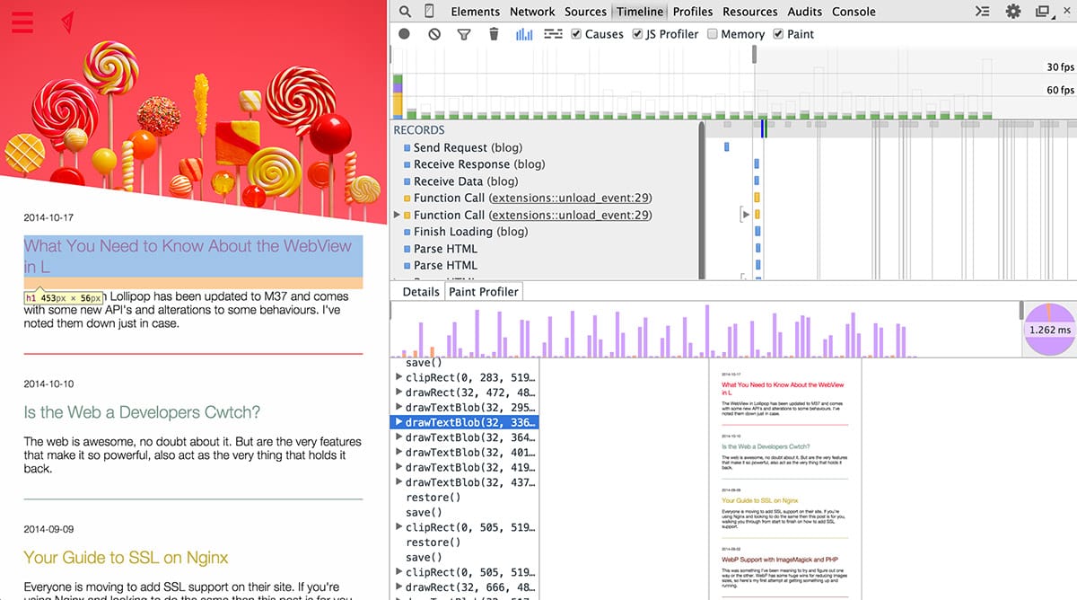 Captura de pantalla del generador de perfiles de pintura en las Herramientas para desarrolladores de Chrome.