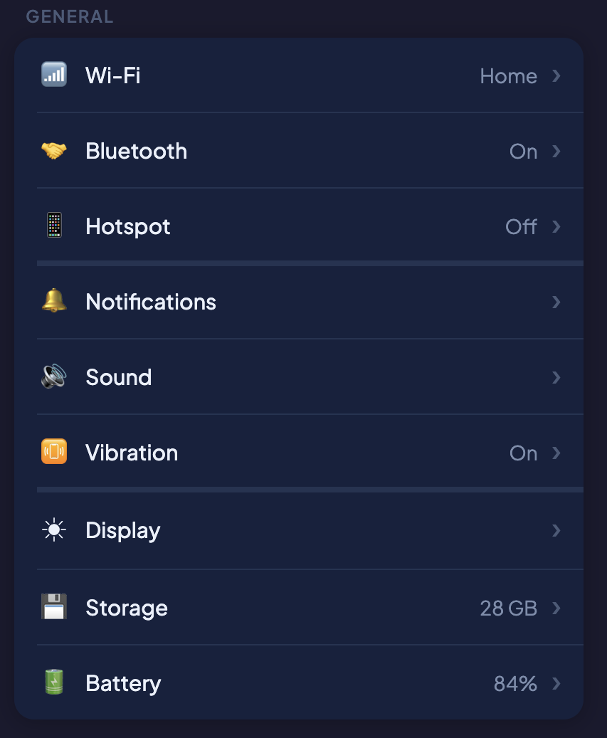 A list of settings with row rules.