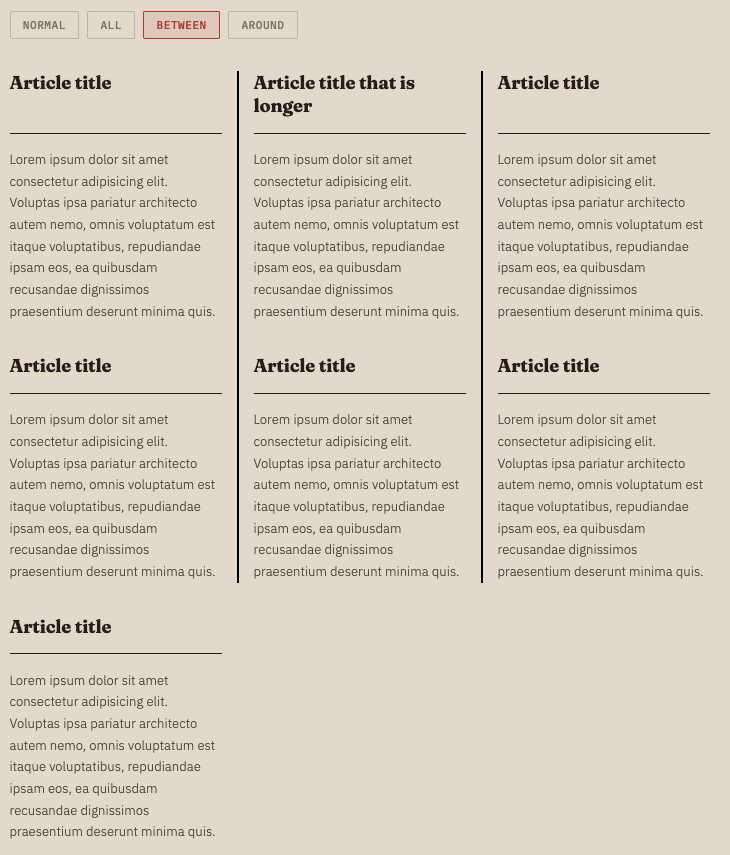 An editorial layout with rules between rows and columns.