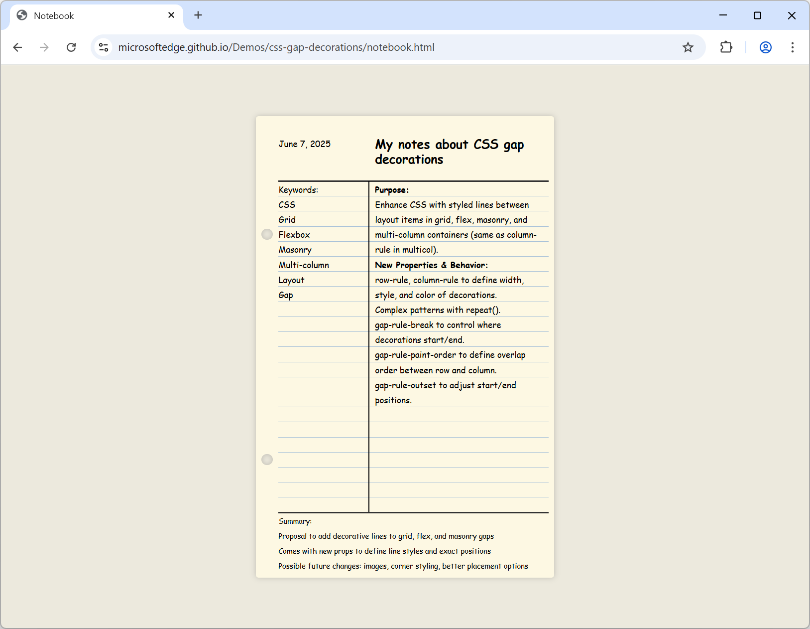 A demo that looks like a page of a lined notebook.