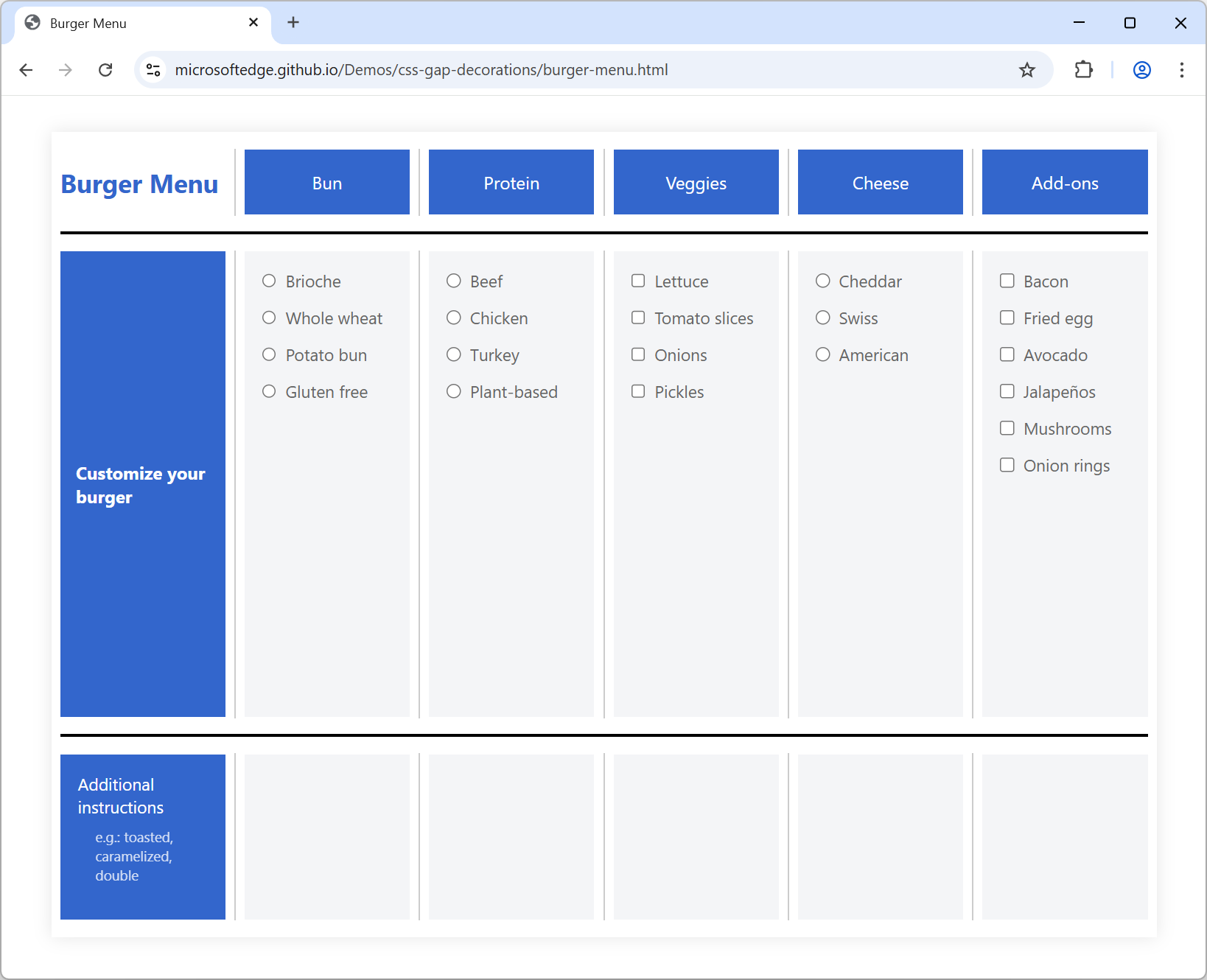 UI permettant de personnaliser un burger avec des lignes entre les sections.