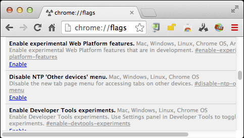 Image de l'option de flag expérimental