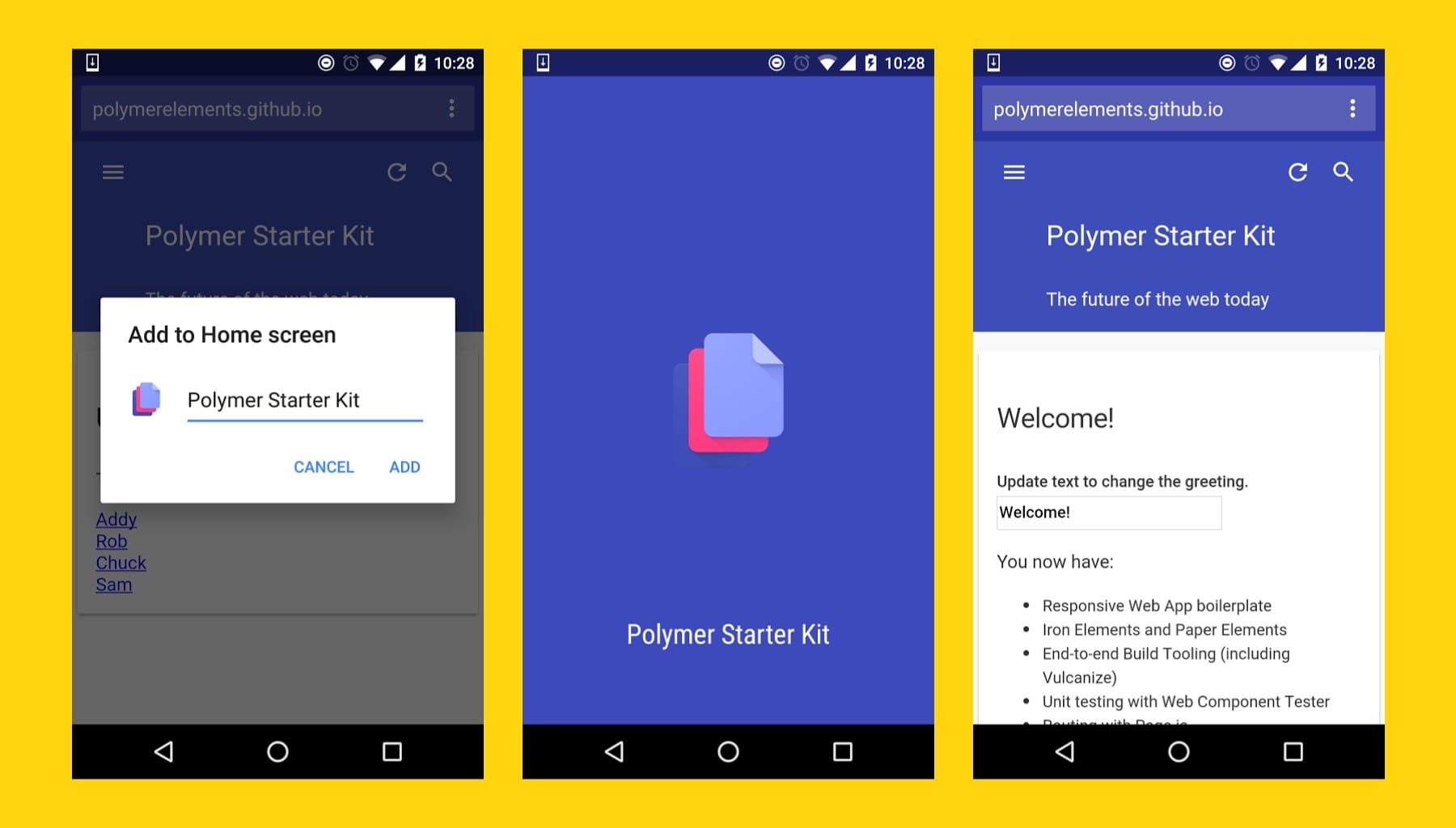 Polymer Starter Kit en el que se muestran las funciones integradas de la app web progresiva