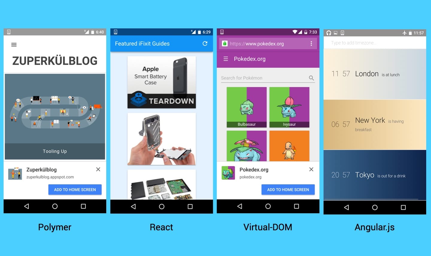 Progressive web apps implemented using React, Polymer, Virtual DOM and AngularJS
