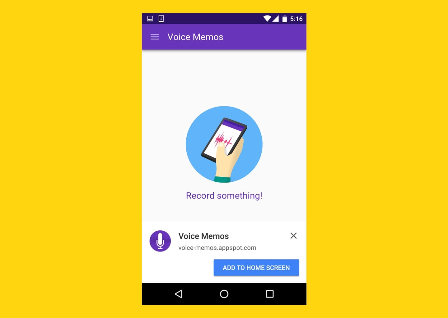 Application de démonstration des mémos vocaux affichant une invite de bannière d'installation d'une application Web dans Chrome pour Android