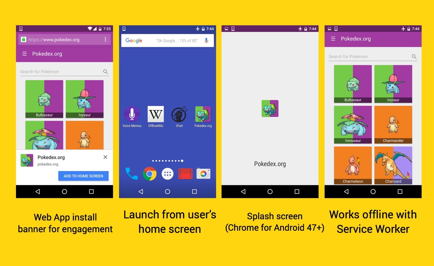 Web app install banners for engagement, launch from the user's home screen, splash screen in Chrome for Android, works offline with service worker