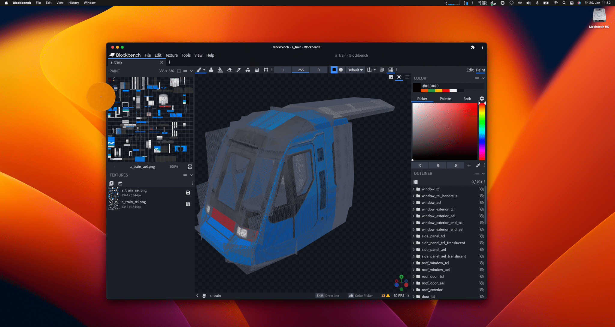 Selettore colori mostrato mentre si estende dall&#39;app Blockbench e si sceglie un colore dall&#39;immagine di sfondo del desktop.