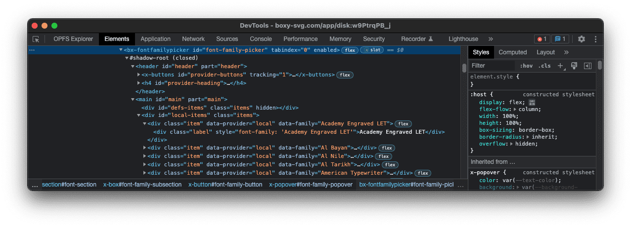 Bereich „Elemente“ in Chrome DevTools mit der zu prüfenden Schriftauswahl: ein benutzerdefiniertes Element namens „bx-fontfamiliypicker“.