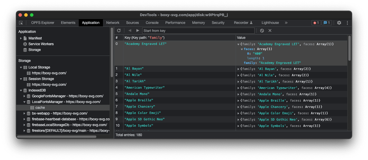 Bagian Chrome DevTools Storage menampilkan tabel IndexedDB dengan cache font.