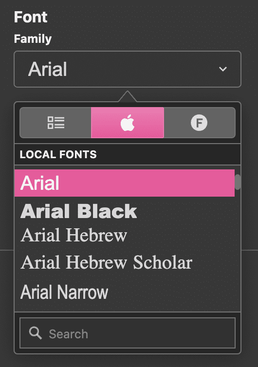 Font picker populated with fonts.